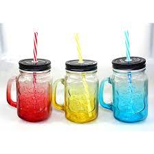 COLOUR GLASS CUP WITH LID & STRAW 