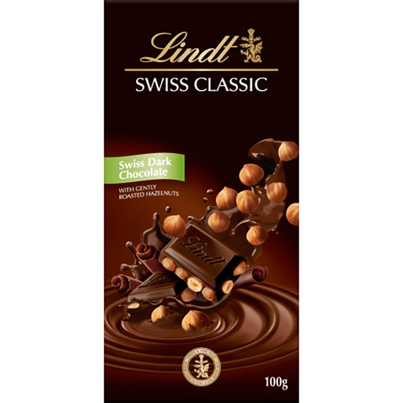 LINDT SWISS CLASSIC DARK CHOCOLATE-HAZELNUTS 100G